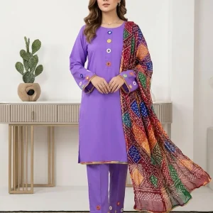 Malai Lawn 3 Piece Dress for Women – Mirror Work Neck & Sleeves, Farshi Shalwar with Mirror Work, Digital Print Chiffon Dupatta | Stitched Pakistani Ladies Suit | Medium Large