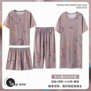 Women Summer Cute Bear Print Pajama Set Loose Fit